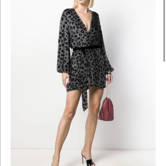 Retrofete Gabrielle Sequin Robe Wrap Silver Leopard Mini Dress NWT Size Medium - Picture 3 of 15